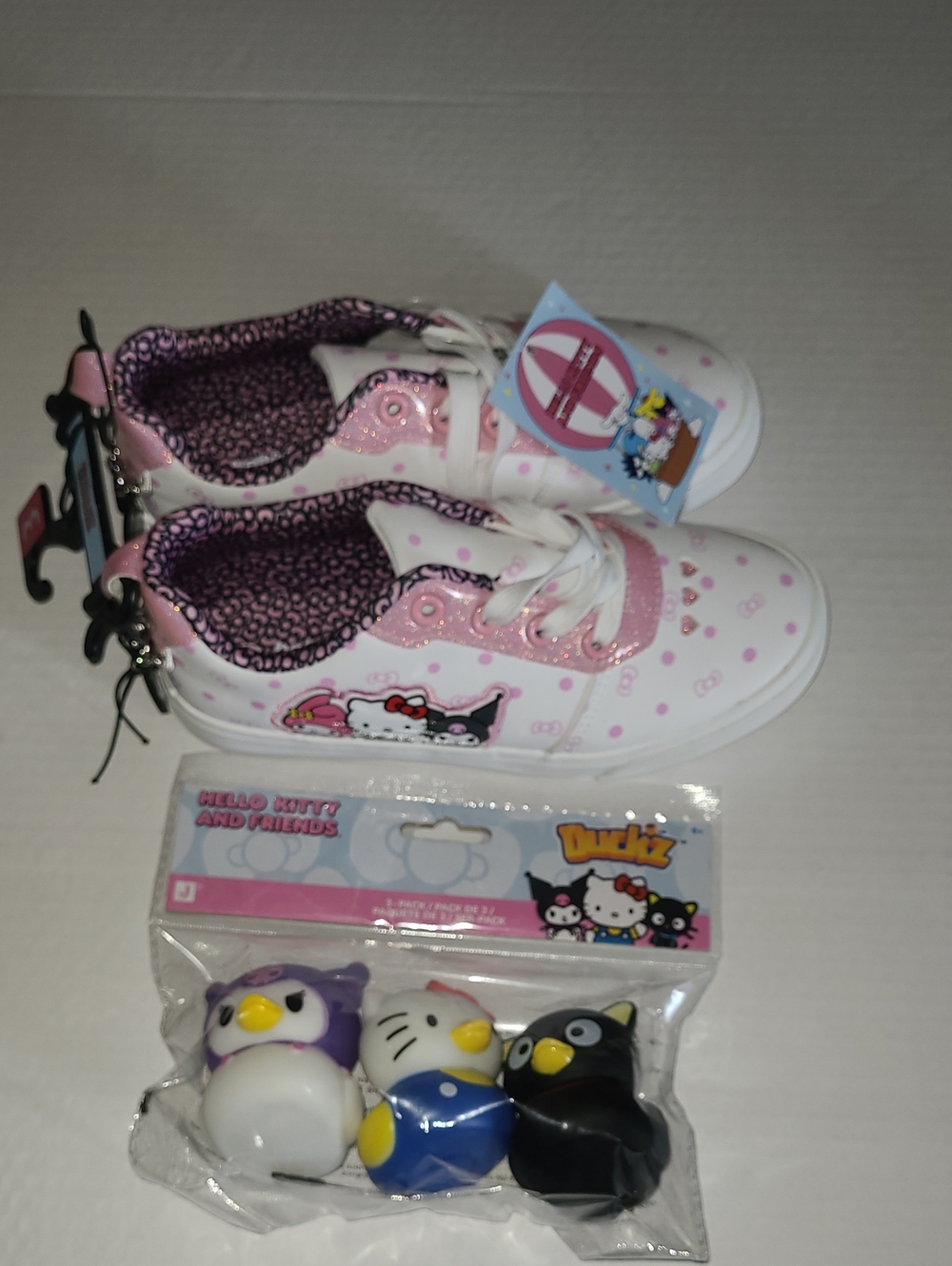 Hello Kitty Pink Kids' Sneakers with Polka Dots & Bonus 3 Pack Of DUCK'Z NEW